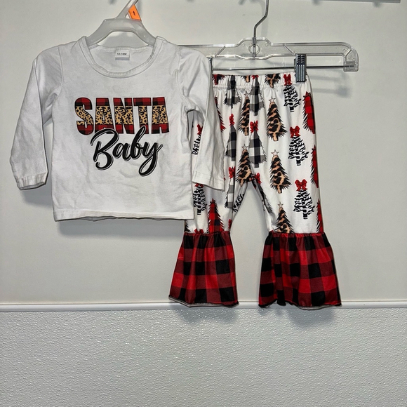 Unbranded Other - Girl's Outfit Set 12-18 Months Red & White with Christmas Tree Plaid Leopard